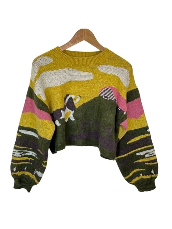 Cider Sweaters - Novelty Dog Sweater XS Mustard Olive Indie Folk Art Cottagecore Oversized Knit